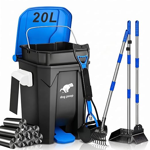 Dog Poop Trash Can Outside - 20L/5Gal Pooper Scooper Sets and Spade, Blue | Outdoor Trash Can with Lid, Inner Bucket, Dog Poop Scooper Set, Metal Tray, Rake and Spade, 100 Trash Bags & Storage Box