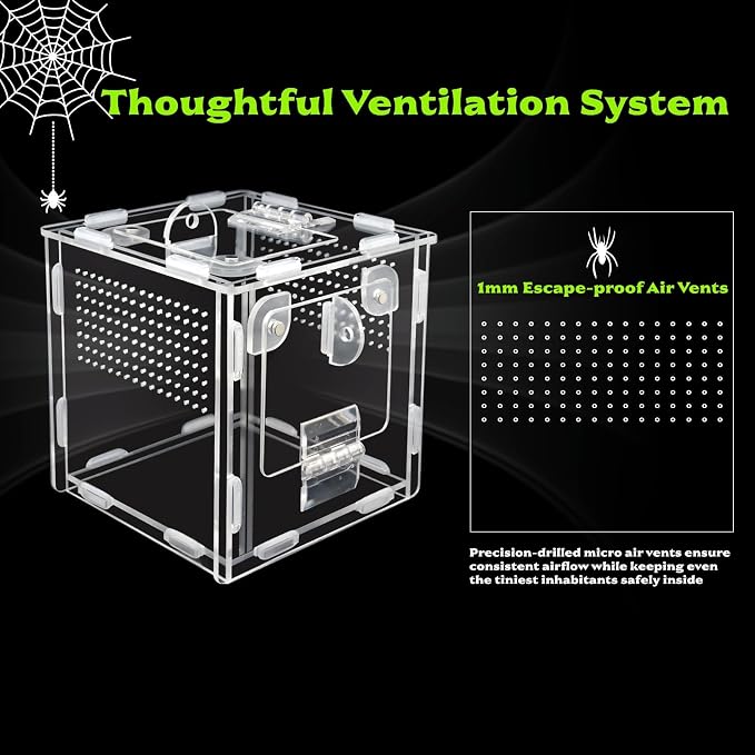 Jumping Spider Enclosure, Small Reptile Terrarium for Tarantula Hermit Crab Praying Mantis, Acrylic Insect Habitat with Magnetic Front & Top Opening (4.52" x 4.52" x 4.52")