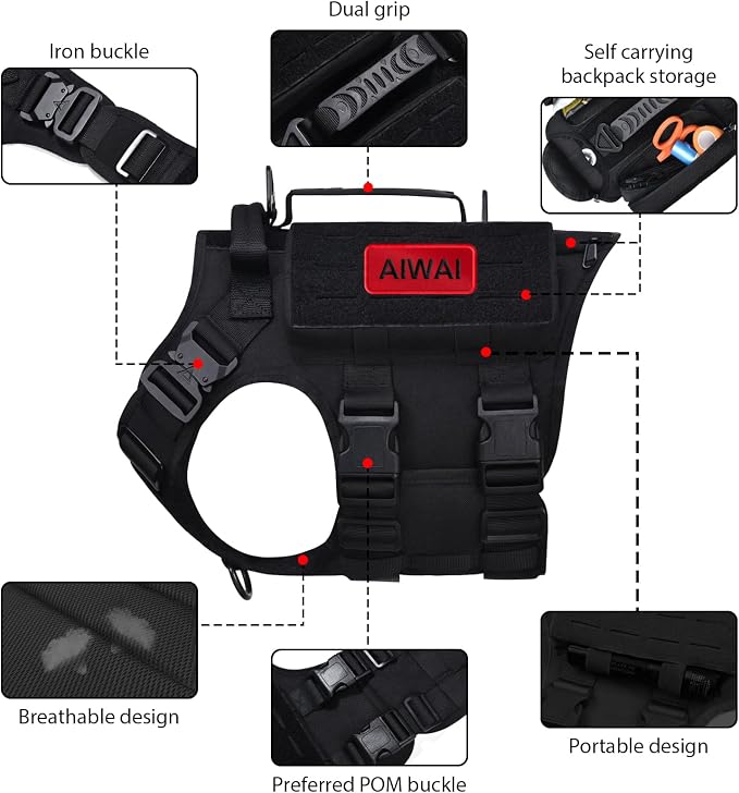 AIWAI Tactical Dog Harness with Handle for Large Dogs,2X Metal Buckle, Dog MOLLE Vest with Pockets,No Pull Adjustable Pet Harness, Easy Control Dog Vest Harness for Working Training (Black, Large)