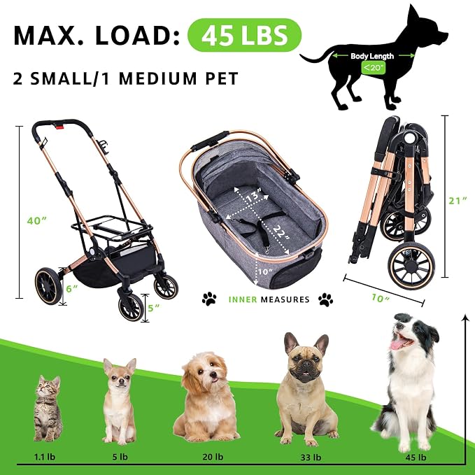 Dog Stroller for Max 45 lbs Dogs - 3 in 1 Pet Stroller with Detachable Storage Basket 4 All-Terrain Rubber Wheels Pull Rod Durable Travel Carrier for Medium Dogs 2 Small Cats (Grey)
