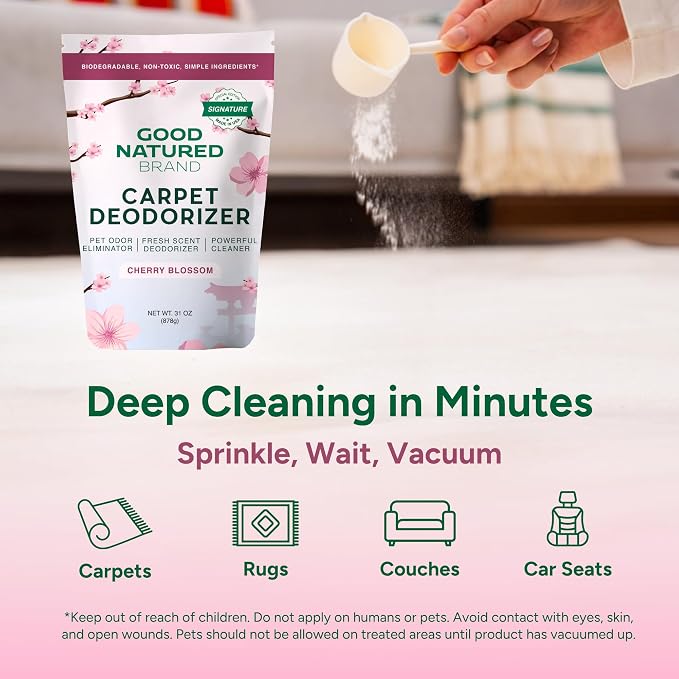 Good Natured Brand | Carpet Deodorizer & Freshener Powder | 31 oz Pet Odor Eliminator for Strong Odor & Pet Urine | Fresh Natural Cherry Blossom Scent | Safe for Homes with Pets
