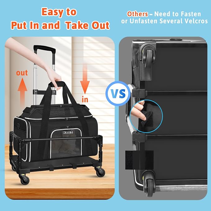 Petskd Top-Expandable Small Pet Carrier with Wheels(18" L x 13" W x 9.5" H), Southwest Airlines Approved, Rolling Pet Carrier for Small Dogs & Cats (Black)