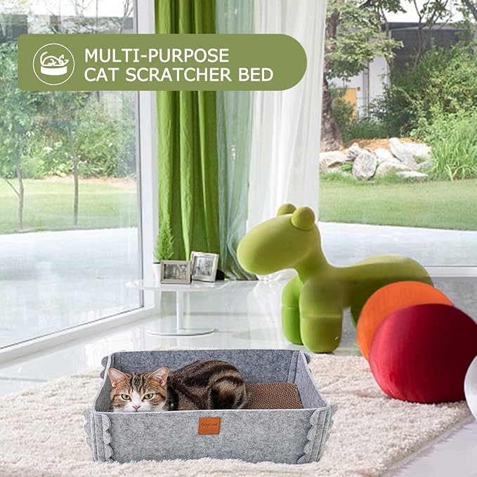 Cat Lounge Scratcher Box with Removable Cardboard (Grey) | High-density Corrugated Cardboard with Double-sided Use, Soft Felt Fabric, Release Stress and Protect Furniture