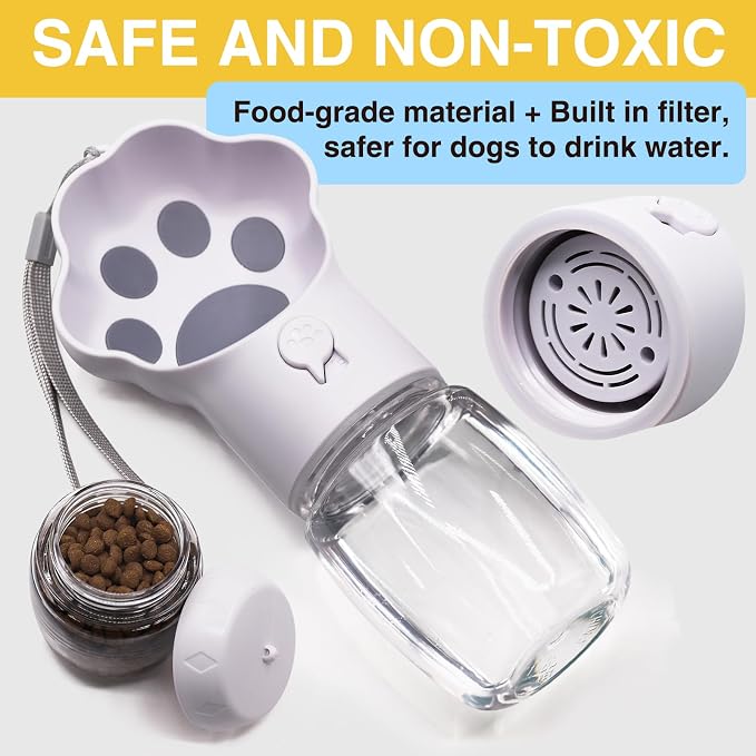 Dog Water Bottle with Food Container, Portable Pet Dispenser, Leak Proof, Hiking, Puppy Travel, Outdoor Activities(11.16 fl.oz/330ml, White)