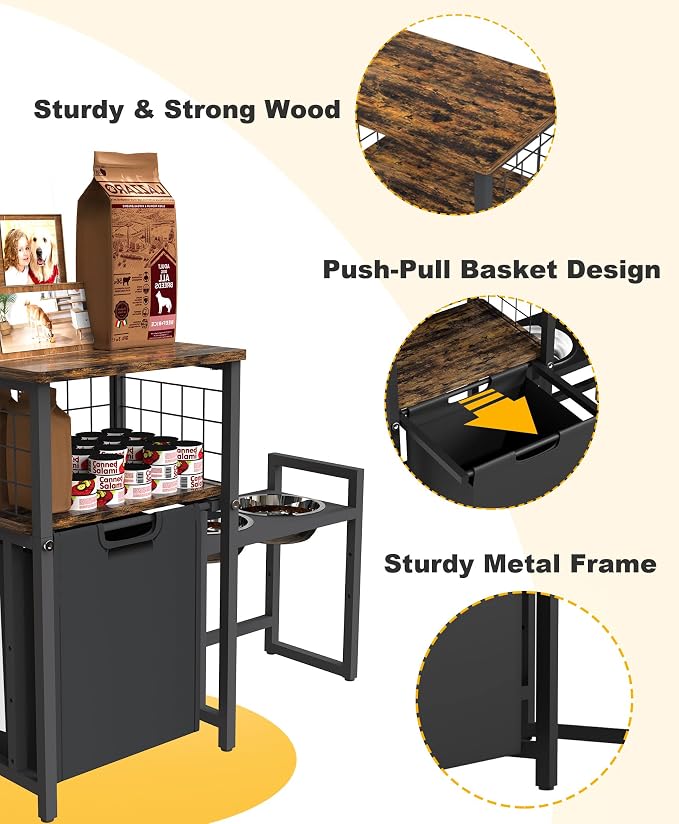 30.6Long x 26.2 High Elevated Dog Bowl Stand, Black | with Pet Food Storage Organizer,Adjustable Raised Feeding Station with Toy Basket for Large Medium Small Dogs and Cats