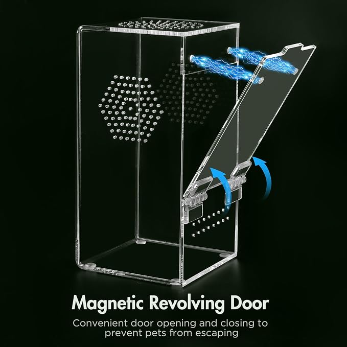 Pre-Assembled Jumping Spider Enclosure, All-Side Ventilation | 3.5"×3.5"×7" Escape-Proof Spider Terrarium Kit with Accessories & Magnetic Door for Tarantula, Mantis, Tweezer & Temp Sticker