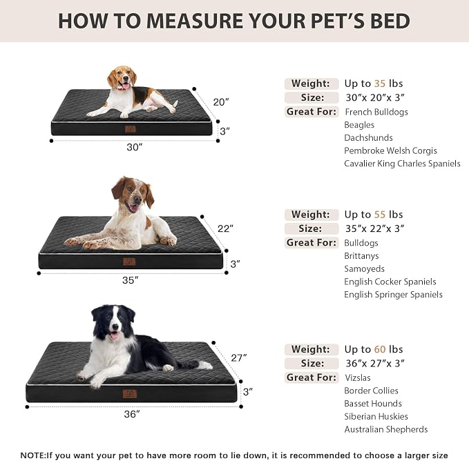 WNPETHOME Orthopedic Waterproof Dog Bed Medium for Comfy Sleeping | Washable Medium Pet Bed with Removable Cover, Multi-Needle Quilting Dogs Crate Bed Black 30x20 Inch