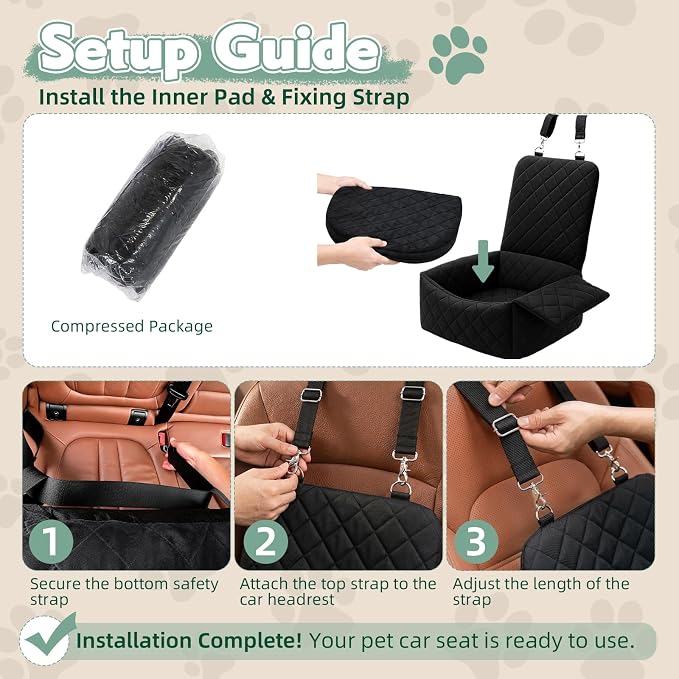 Dog Car Seat with Foldable Armrest for Small/Medium Dogs, Pet Travel Bed (Black)