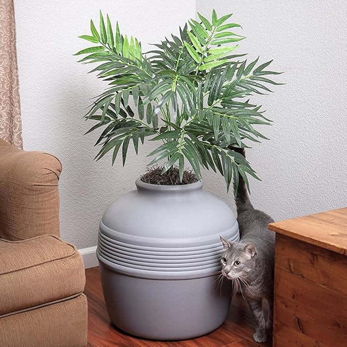 Good Pet Stuff Original Hidden Litter Box Planter, Decorative Cat Litter Enclosure with Carbon Filter, Artificial Palm Plant, Upgraded Design, Easy to Clean, Base Kit, Stone Gray