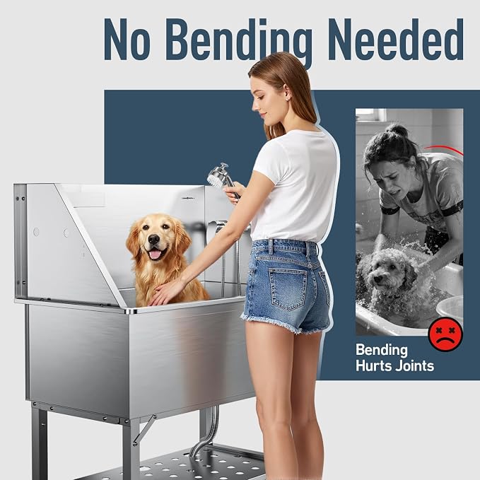 38" Stainless Steel Dog Washing Station - 304 Seamless Soaking Tub for Small & Medium Dogs, Non-Slip & Leak-Proof Pet Grooming Sink with Bottom Storage Shelf & Hair Catcher for Home & Spa | Dog grooming tub, hot cold faucet, fixed sprayer, shampoo disp...