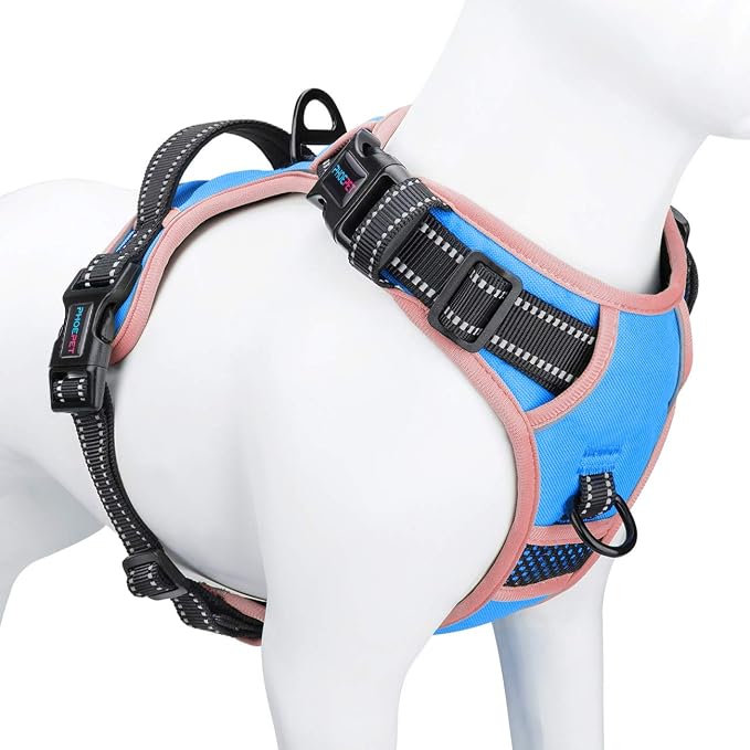 No Pull Dog Harness Medium Reflective Front Clip Vest with Handle | Adjustable 2 Metal Rings 3 Buckles ,[Easy to Put on & Take off](M, Blue)