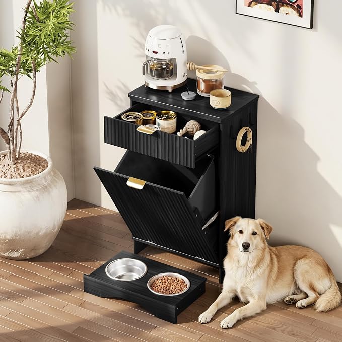Dog Feeding Station,Dog Food Storage Cabinet,Pet Feeding Station with 2 Elevated Bowls,Hidden Pet Feeder Station with Hooks (Tilt-Out Dog Feeding Station-Black)