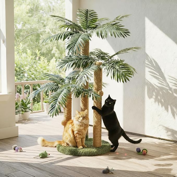 LEMONDA 31.5Inch Cat Scratching Post,Cat Scratcher Tree with 3 Scratching Poles & 2 Interactive Dangling Balls,Cats Scratching Posts for Indoor Kitten & Adult Cats