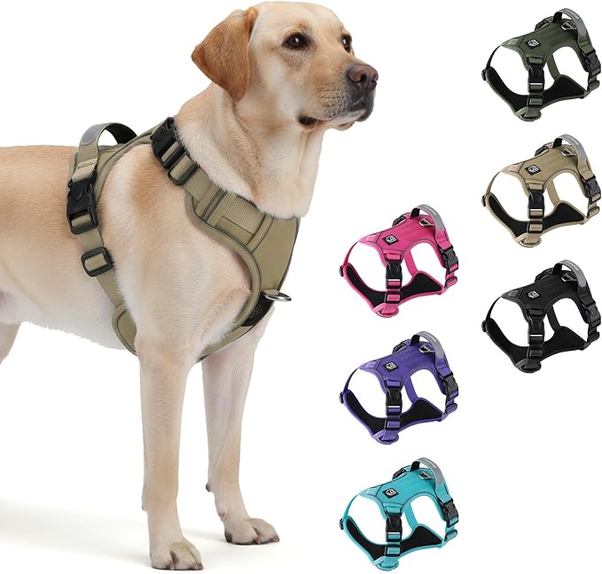 Heavy Duty Tactical Dog Harness for Small Dogs, No Pull Dog Harness with Handle & Front Clip, Reflective Soft Padded, Hook and Loop Panel, Dog Vest for Walking, Service Training, Khaki
