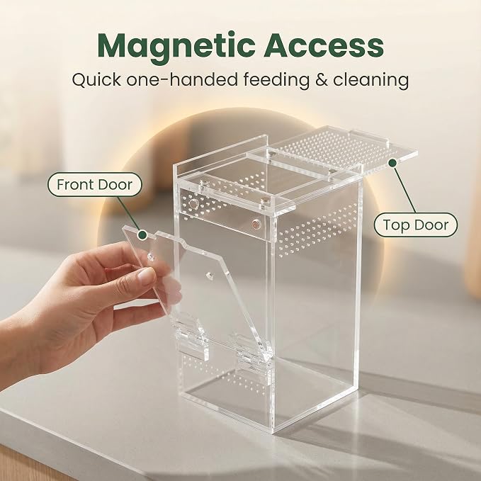 Jumping Spider Enclosure - 3x3x6 Acrylic Tarantula Enclosure Reptile Habitat with Front & Top Magnetic Doors, 0.04" Ventilation Holes Pre-Assembled Terrarium for Spiders, Mantis, Snails, Lizards