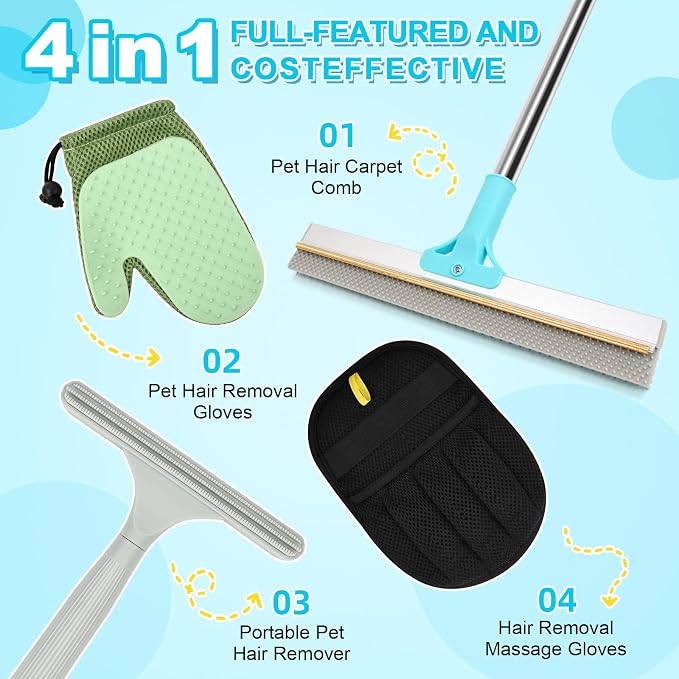 4 in 1 Carpet Rake for Pet Hair Removal - Reusable Pet Hair Removal Glove for Dog Cat Fur Remover, Contain 23-54" Rubber Broom, Silicone Comb Gloves, Magic Brush and Small Scraper for Sofa, Rugs, Mats