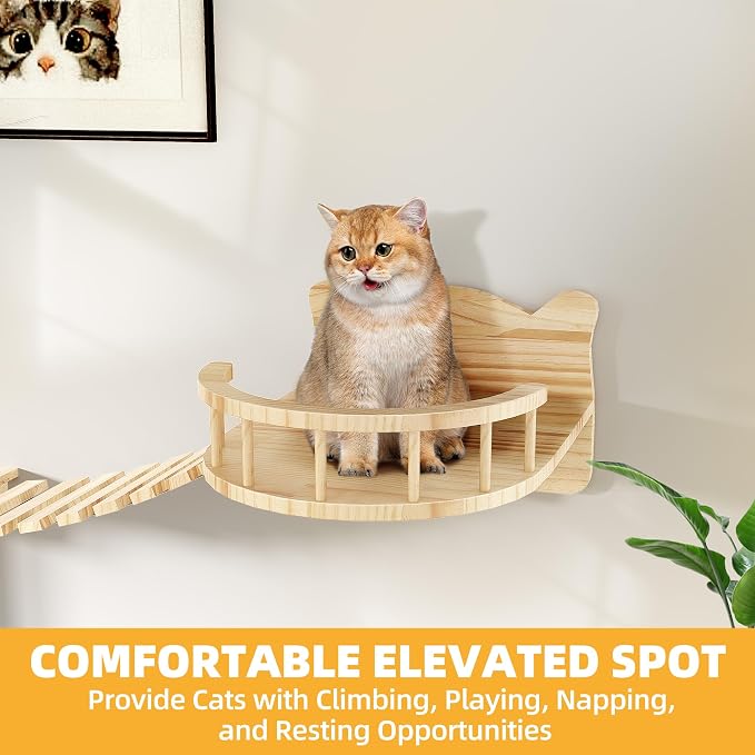 16-in-1 Cat Shelves for Wall, Cat Wall Furniture w/Tunnel & Bridge | Multi-Level Floating Cat Shelves for Space Saving, Solid Wood Cat Climbing System with Scratching Posts, 2 Condos, Burlywood