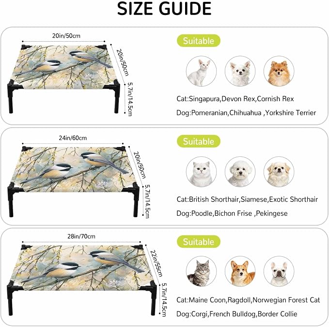 Outdoor Elevated Dog Bed for Small Dogs, Birds Branches Breathable Cooling Raised Dog Cot for Indoor/Outdoor, Country Elegant Pastoral Floral Waterproof Elevated Pet Beds, S 20 x 20 in
