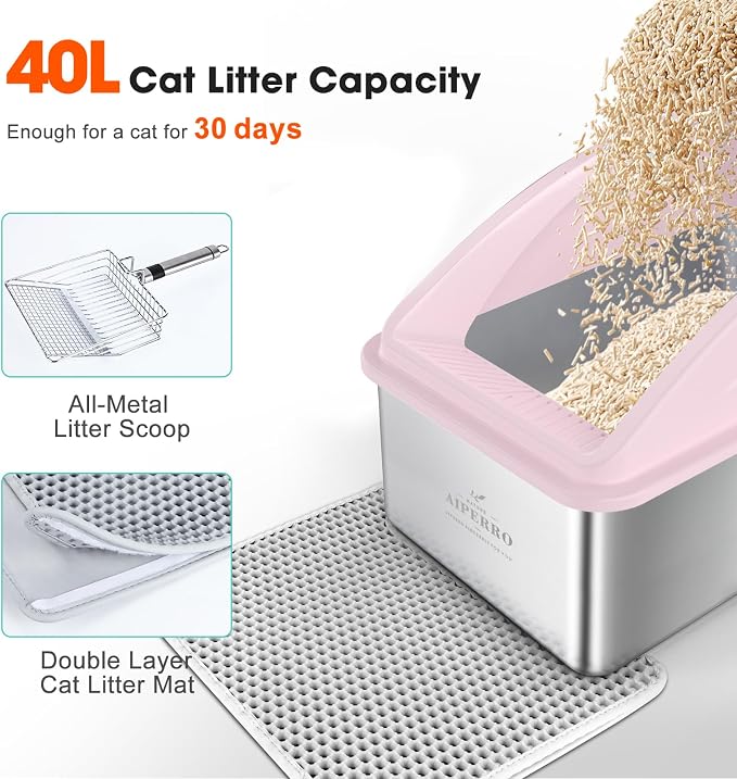 Stainless Steel Litter Box | XXL Deepened 8" Design Enclosed Box with Lid for Big Cats | High Sided, Anti-Urine Leakage | Non-Stick Bottom & Includes Litter Mat & Metal Scoop(Cute Pink)