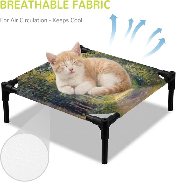 Outdoor Elevated Dog Bed for Small Dogs, Farmhouse Forest Breathable Cooling Raised Dog Cot for Indoor/Outdoor, Pastoral Country Sun Light Trees Waterproof Elevated Pet Beds, S 20 x 20 in