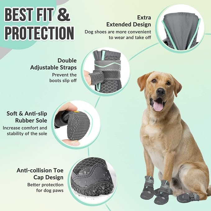 SlowTon Dog Shoes for Large Small Medium Dogs - Breathable Dog Boots for Summer Hot Pavement, Paw Protector for Outdoor Walking Winter Snow, Anti-Slip Rubber Dog Booties for Hardwood Floor (GY, 5)
