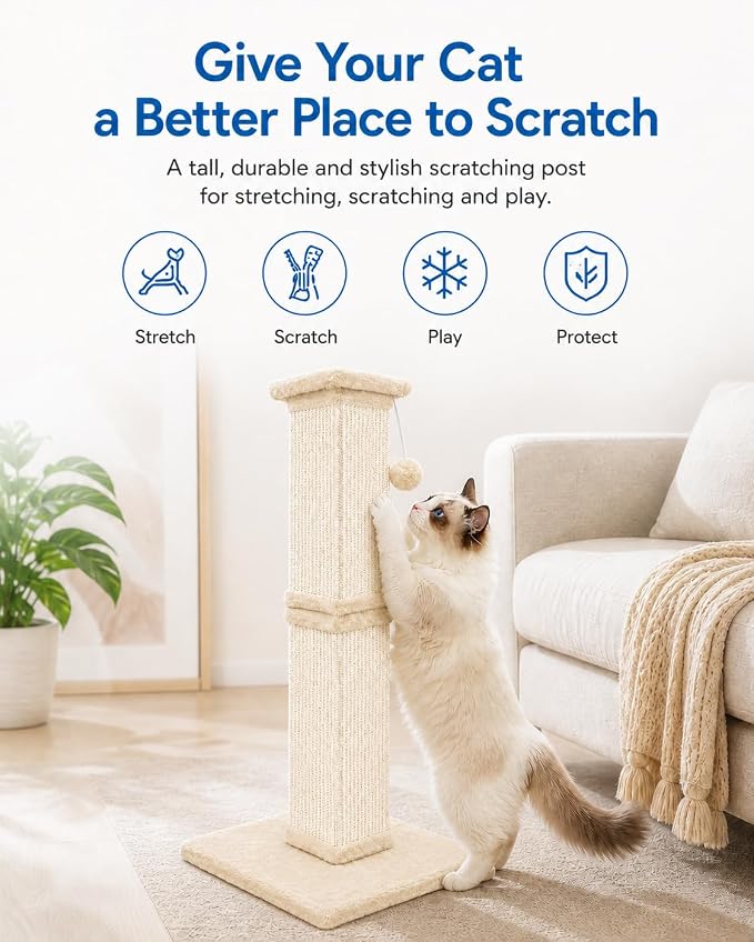Vertical Cat Scratching Post for Indoor Cats, Sisal Scratch Tower with Soft Plush Base & Dangling Pom Ball, 32'' Tall Cat Scratcher Column for Kittens and Adult Cats, Furniture Protection, Beige
