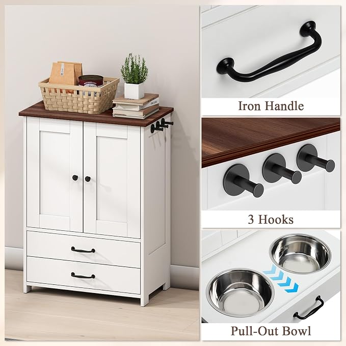 Rovibek Dog Feeding Station with Elevated Dog Bowls with Storage Drawers | Pet Storage Cabinet and Pet Feeding Station with Leash Hooks, Pet Organizers for Food & Supplies, White