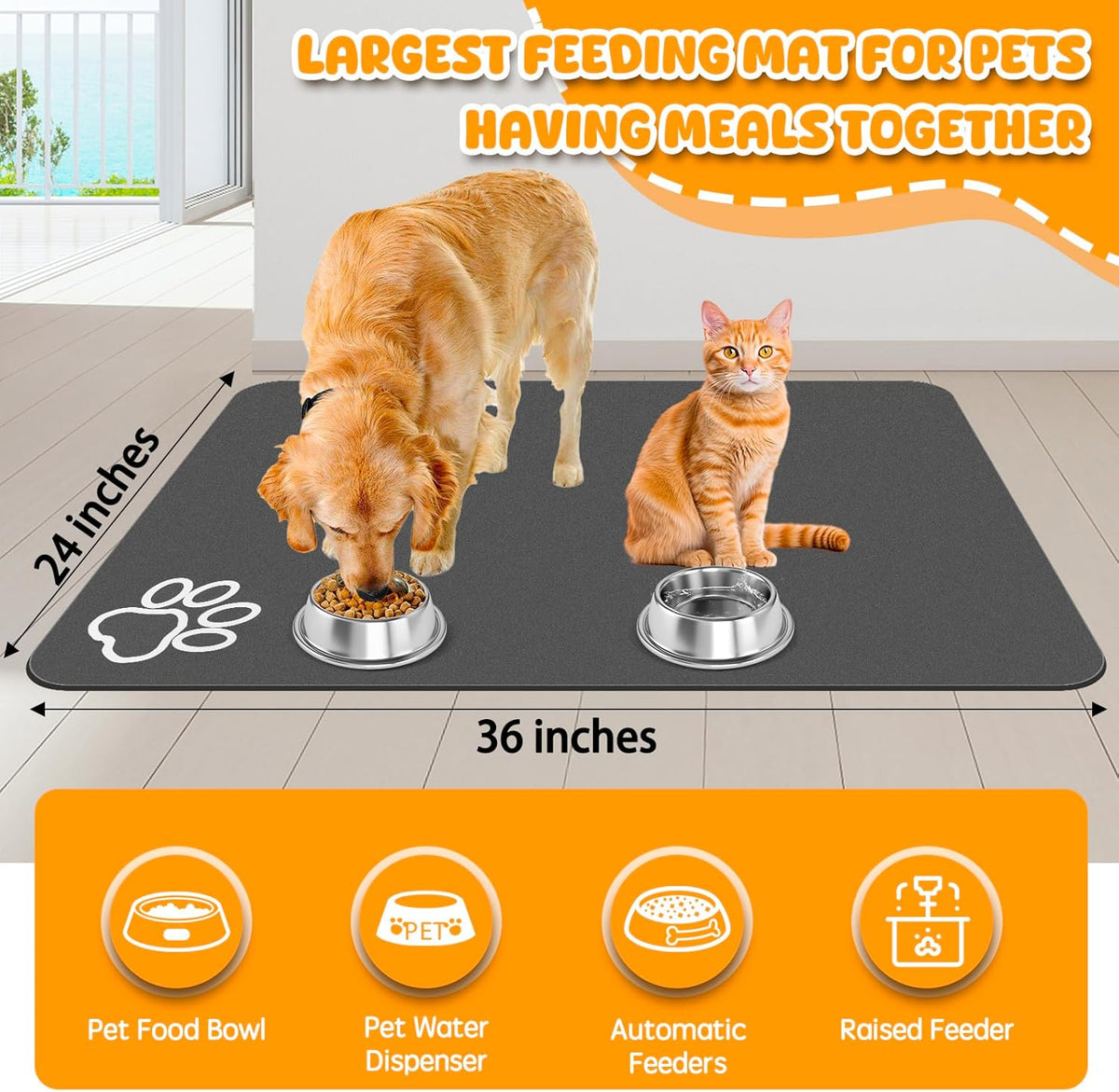 Dog Food Mat, 36" x 24" Extra Large Absorbent Dog Mat for Food and Water, Non Skid Cat Bowl Mat, No Stains Quick Dry for Pet Water Dispenser Pet Supplies for Messy Drinkers
