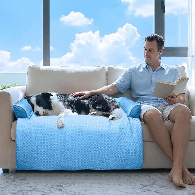 GGIB Cooling Dog Bed Mat with Bolster Pillow Washable Dog Couch Cover Breathable Summer Pet Couch Bed Protector Indoor(Large, Cooling Blue)