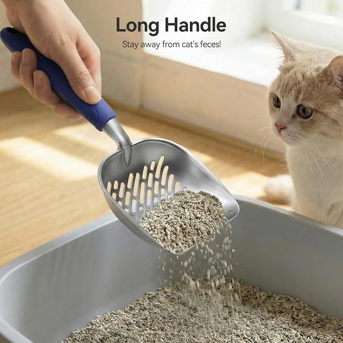 Cat Litter Scoop, Large Long Handle Kitty Metal Scooper | Heavy Duty Aluminum Deep Sifter, Ergonomic Non-Slip Grip, Rustproof Durable Poop Cleaner for Cat Litter Box