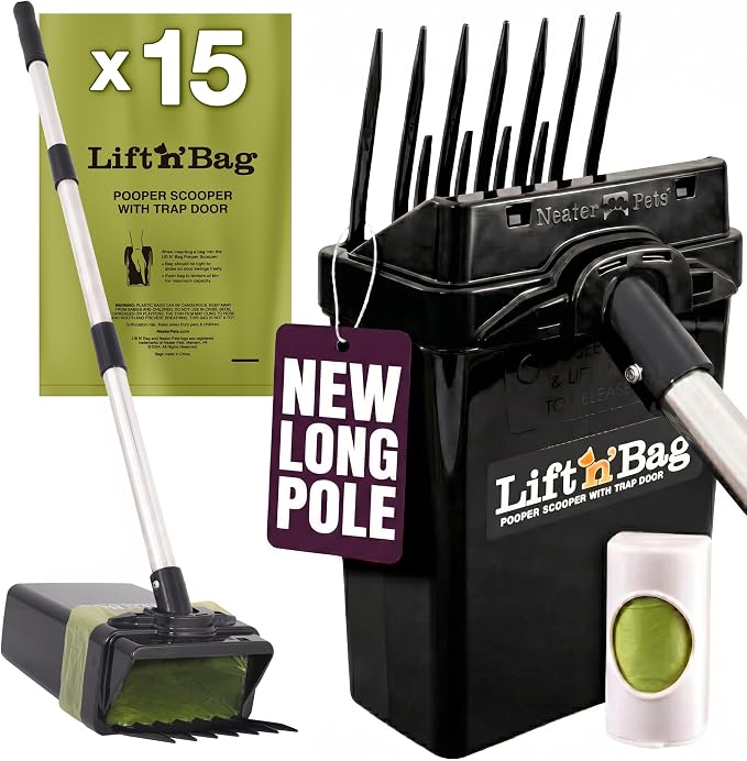 Neater Pet Brands Lift N’ Bag 2.0 Dog Pooper Scooper with Bag Attachment & 31" Pole for Small to Large Dogs, New Longer Pole, 15 Refill Bags, Heavy Duty Dog Poop Scooper for Yard, One-Hand Use