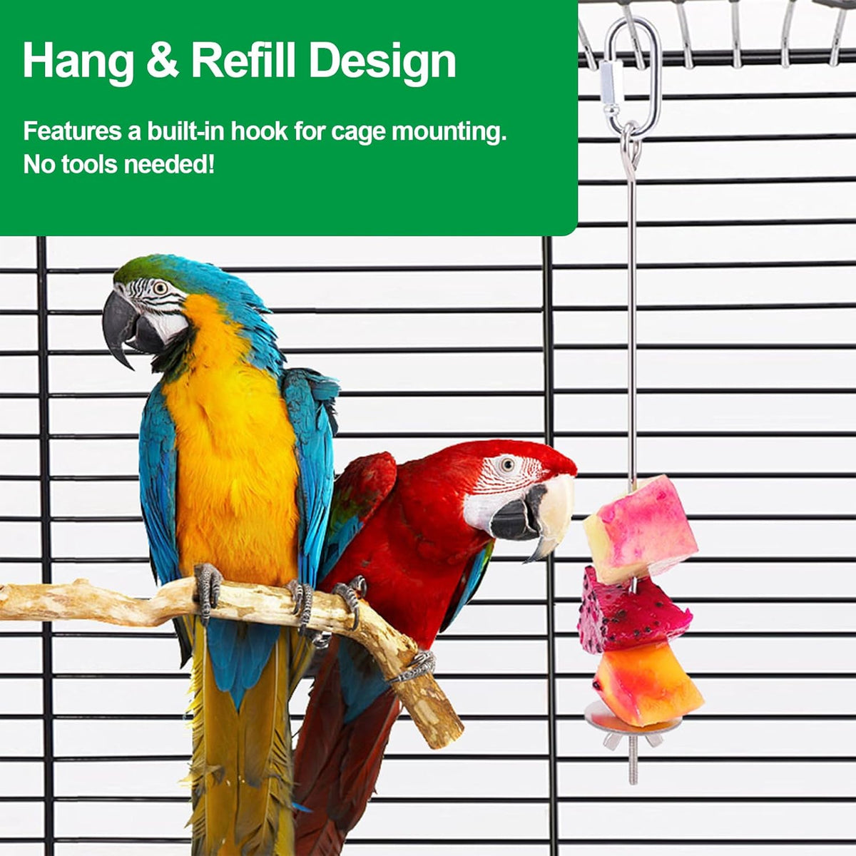 3 Pcs Bird Cage Food Holder Stainless Steel Parrot Fruit & Vegetable Skewer Hanging Foraging Toy for Parakeets, Budgies, Macaws