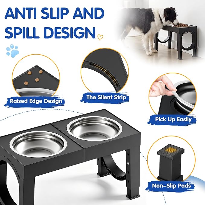 XIAZ Elevated Dog Bowls Large Breed Raised Dogs Bowl Stand Large/Medium Sized Dog Stainless Steel Food Water Bowl Stands 5 Heights Adjustable 9/11/12/14in Black Pet Feeder Dish Station