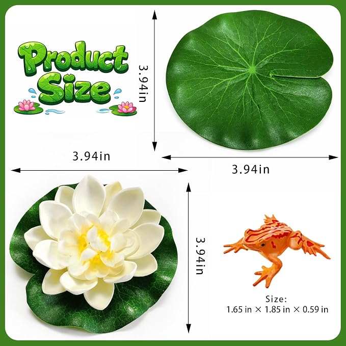 12PCS Artificial Floating Lily Pads Set, 8 Realistic Lily Pads, 2 Lotus Flowers & 2 Floating Frogs, Pond Pool Fountain Water Feature Decorations