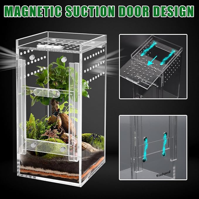 Mini Spider Enclosure, Windspeed 3x3x6’’ Acrylic Terrarium with Ventilation Jumping Spider Enclosure Cage Portable Micro Habitat Terrarium for Tarantula Lizards Gecko with Tongs, Dropper