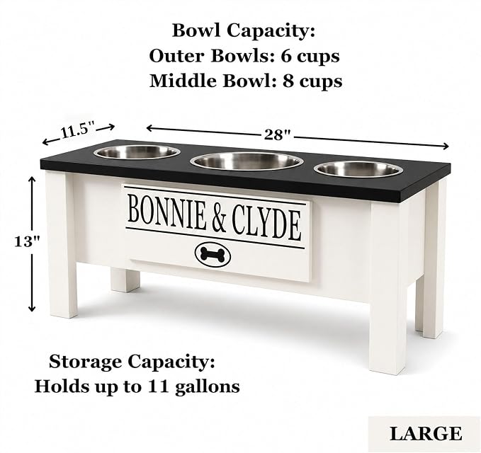 3 Bowl Dog Feeding Station, Personalized Triple Bowl Food Stand Medium Dogs | Farmhouse Style, Elevated Wood Stand, Storage Container, Stainless Steel Bowls, Raised Anti-Slip Feeder, Made in USA