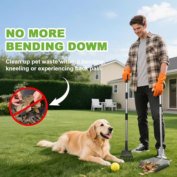 Pooper Scooper for Large Dogs,Dog Pooper Scooper Heavy Duty Long Handle Metal Tray Rake Shovel Set,Extremely Durable Metal Stainless Steel Dustpan for No Bending Clean Up Yard Grass.