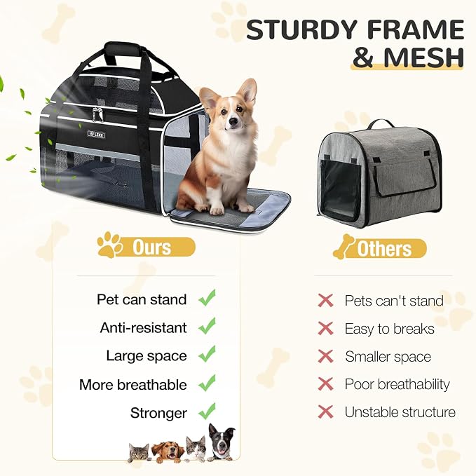 Lekereise Top-Expandable Pet Carrier 17x11x9.5 Inch Alaska Hawaiian Airline Approved Soft Sided Underseat to 12lbs Travel Carriers for Small Dogs and Cats with Locking Safety Zippers Anti-Scratch Mesh