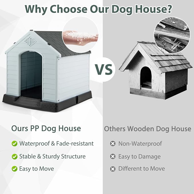 Giantex Dog House for Small Dogs, Waterproof Plastic Dog Houses with Air Vents and Elevated Floor, Easy to Assemble, Outdoor Cat Feeding Station Indoor Patio Backyard Dog Kennel House, Gray