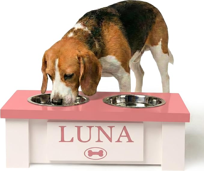 Elevated Dog Bowls for Small Dogs, Personalized Food Stand for Toy Breed | Farmhouse Style, Elevated Wood Stand, Storage Container, Stainless Steel Bowls, Raised Anti-Slip Feeder, Made in USA