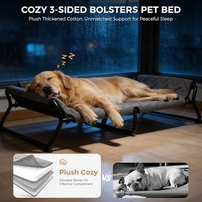 Elevated Dog Bed with Bolster, 2-in-1 Raised Dog Cot for Large Dogs up to 90 lbs, Removable Machine-Washable Cushion, Stable Metal X-Frame, Indoor and Covered Outdoor Use, 42 x 30 x 12 in, Gray