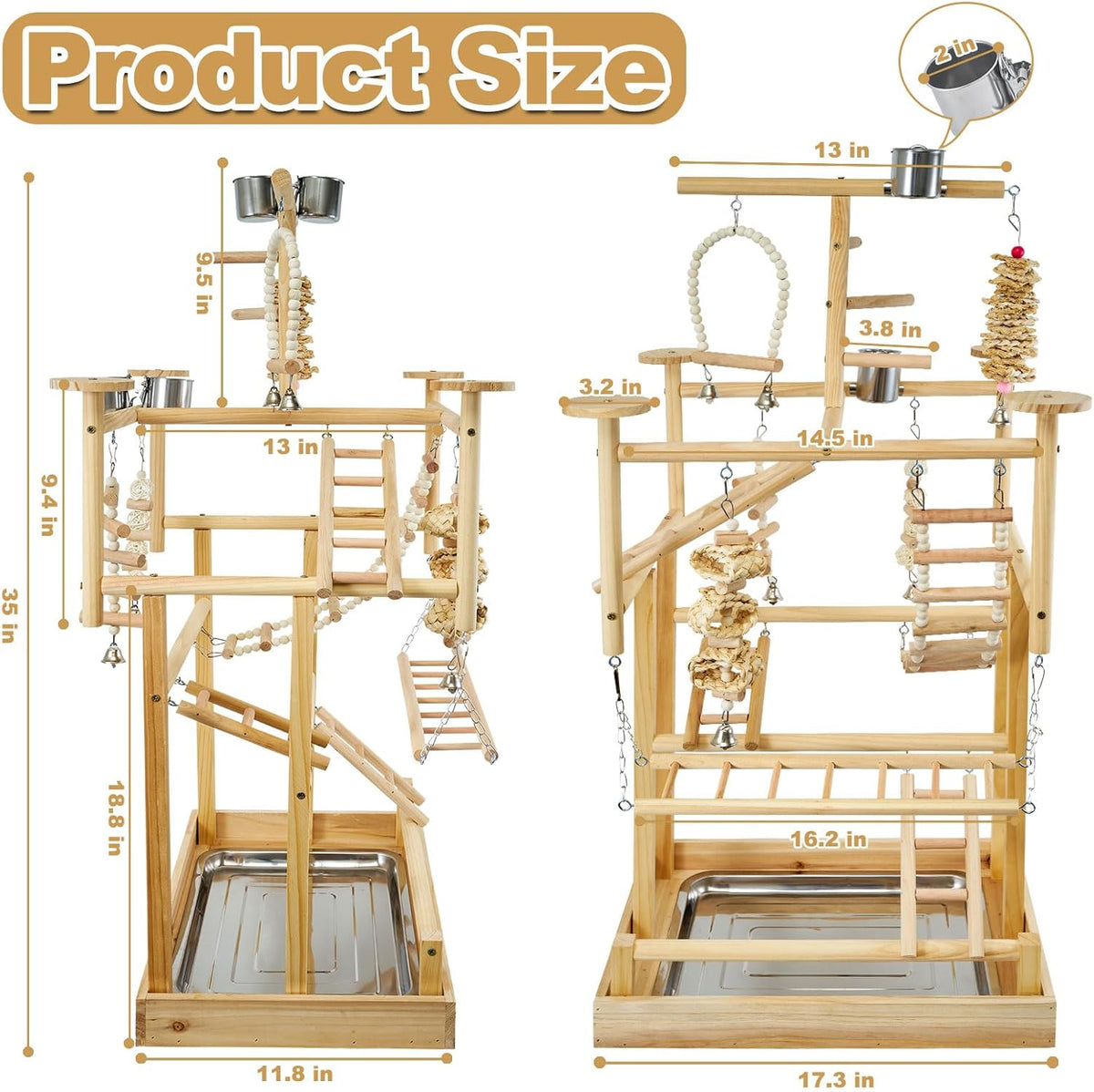 Bird Playground - Natural Wood Parrot Playstand with Perches, Bird Play Gym & Accessories, Removable Tray & 4 Stainless Steel Cups