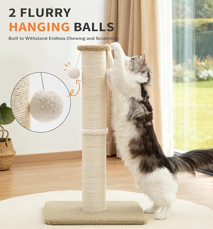 Made4Pets Tall Cat Scratching Post, 23.6" Natural Sisal Cat Scratcher with Hanging Balls, Heavy Duty and Thicker Scratching Post for Indoor Cats Adults, Sturdy Base Cat Scratch Post, Beige