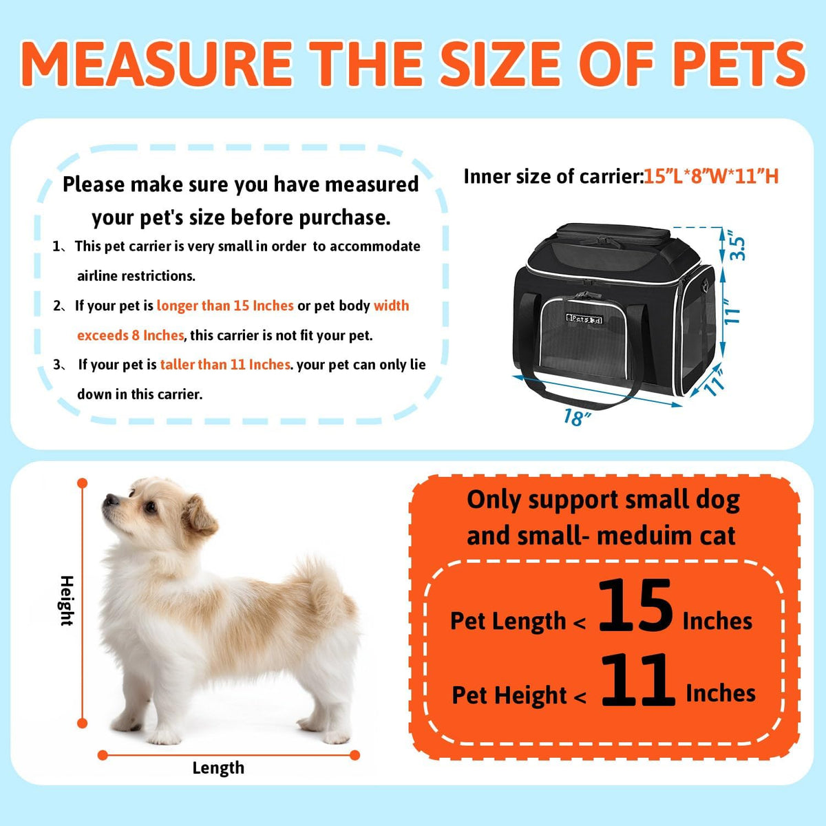 Petskd Top-Expandable Pet Carrier 18x11x11 Inches Delta American United Airline Approved, Soft-Sided Carrier for Small Cats and Dogs with Locking Safety Zippers and Anti-Scratch Mesh(Black)