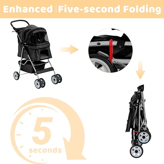 Pet Stroller for Small Medium Dogs & Cats, 4-Wheel Breathable Compact Foldable Dog Carrier with Storage Basket, Outdoor Portable Lightweight Travel Stroller for Camping,Black