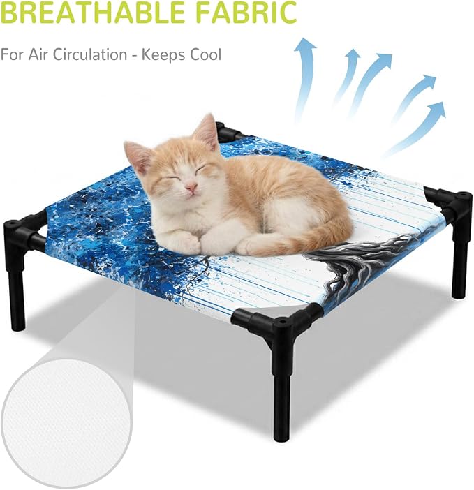 Outdoor Elevated Dog Bed for Small Dogs, Blue Trees Breathable Cooling Raised Dog Cot for Indoor/Outdoor, Boho Nature Branch Leaf Plants Landscape Waterproof Elevated Pet Beds, S 20 x 20 in