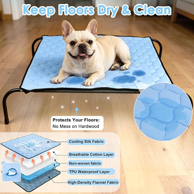 SZEE Elevated Dog Bed, Cooling Dog Cot Bed, Support Up to 65 LBS for Small Breeds, with Durable Steel Frame, Reversible Ice Silk Mat & Sturdy Teslin Mesh, Outdoor & Indoor All-Season Use - S