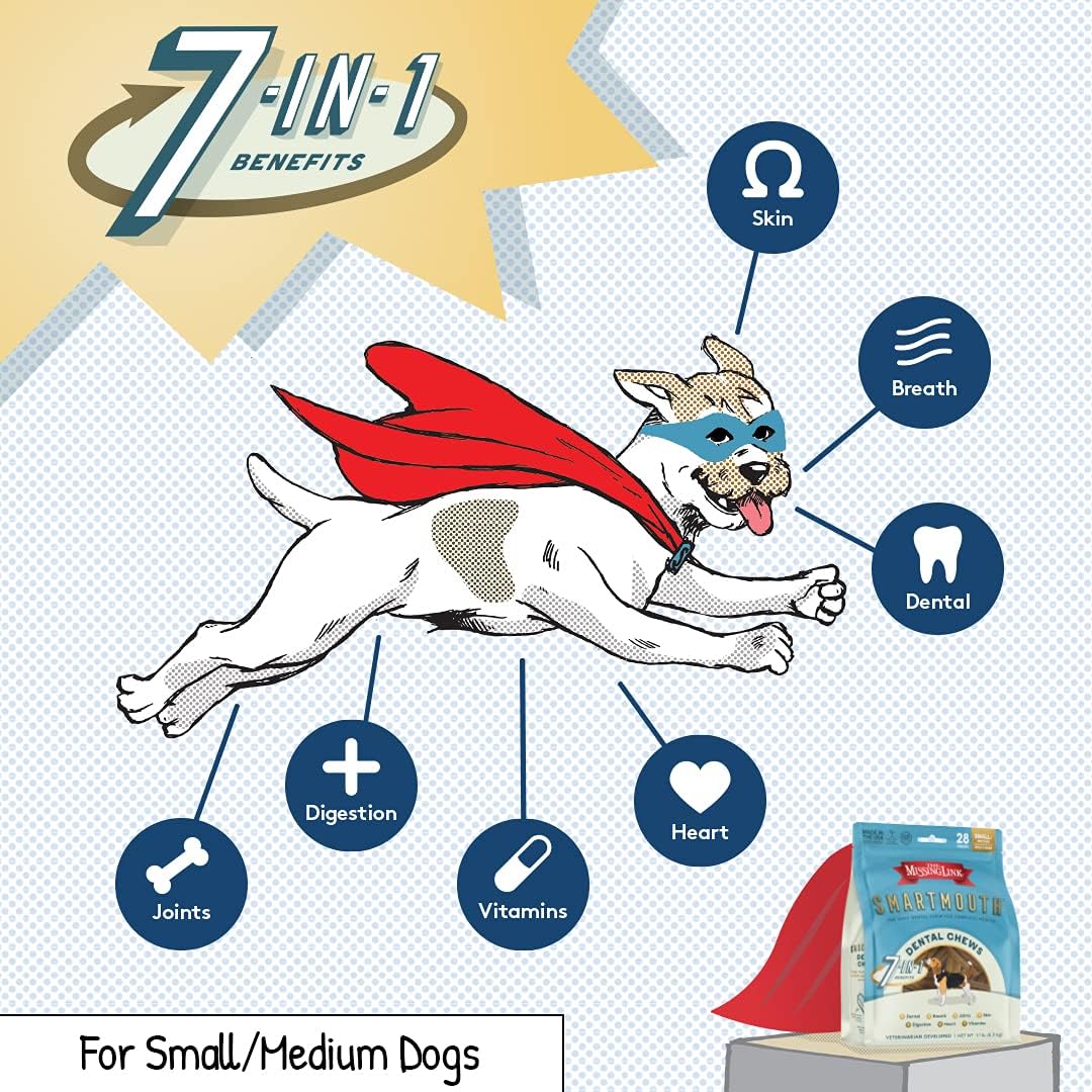 The Missing Link Smartmouth Vet Developed Dental Chew Treats, 7-in-1 Benefits: Healthy Teeth & Gums, Breath, Skin, Joints, Digestion, Heart, Immune System – Small/Medium 15-50lb Dogs, 28 Ct