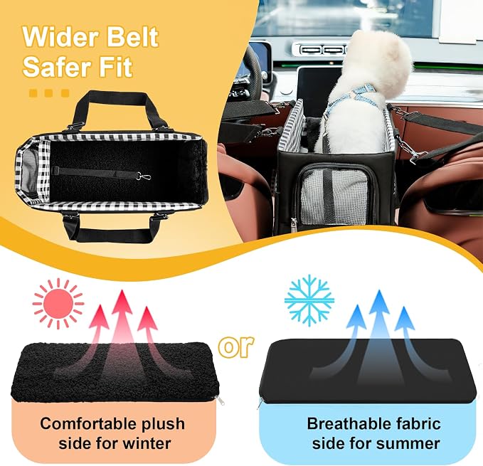 Console Dog Car Seat for Small Dogs Cats Up to 11lbs, Anti-Collapse Pet Armrest Booster Seat with Soft Pillow,Non-Slip Seat Rails Hooks & Safety Belt, Portable Car Accessories for Pets Travel
