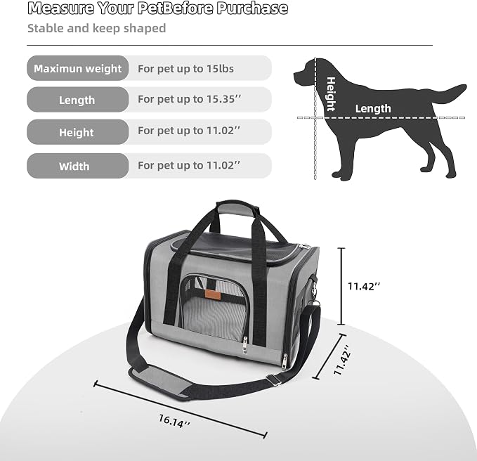 ROYPET Cat Carrier,Portable Pet Carrier Bag for Cats and Small Dogs,Foldable Soft-Sided and Scratch-Proof mesh Cat Bag Pet Carriers,Airline Approved Pet Carrier,Pet Travel Carrier Up to 15 Lbs,Grey